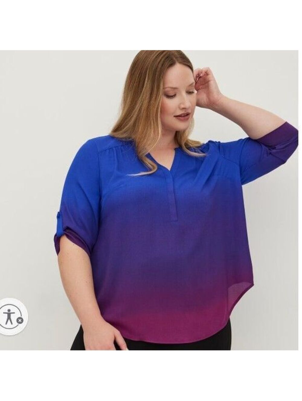 Torrid Harper Blue Purple Ombre Georgette Blouse Size 2X 3/4 Roll Sleeve
